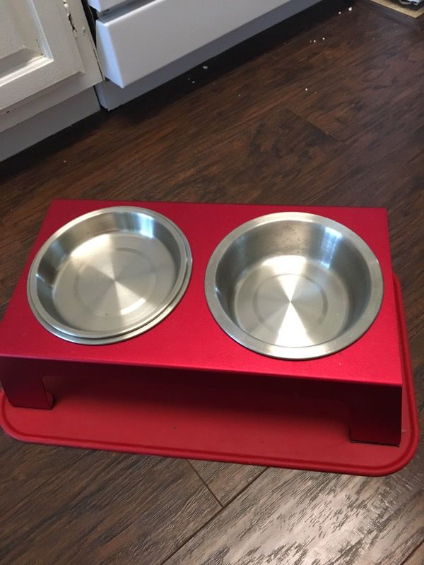 Pet food tray and red mat