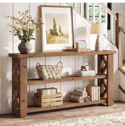 F2696 new assembled Solid Wood Console Table, 63" Sofa Table Behind the Couch, Brown
X-Shaped Frame, 3-Tier Storage Shelf, Natural Wood Grain, for Ent