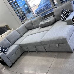 ✅️✅️4 pc Grey boucle fabric sectional sofa with storage chaise and love seat and pop up sleep area in center drop down tray tables✅️✅️✅️