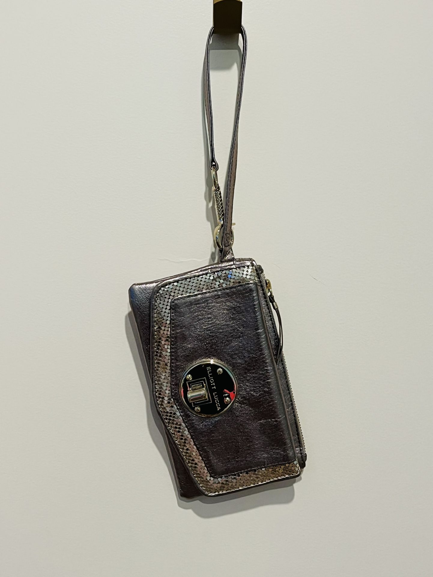 Designer Metallic Silver Leather Wristlet 