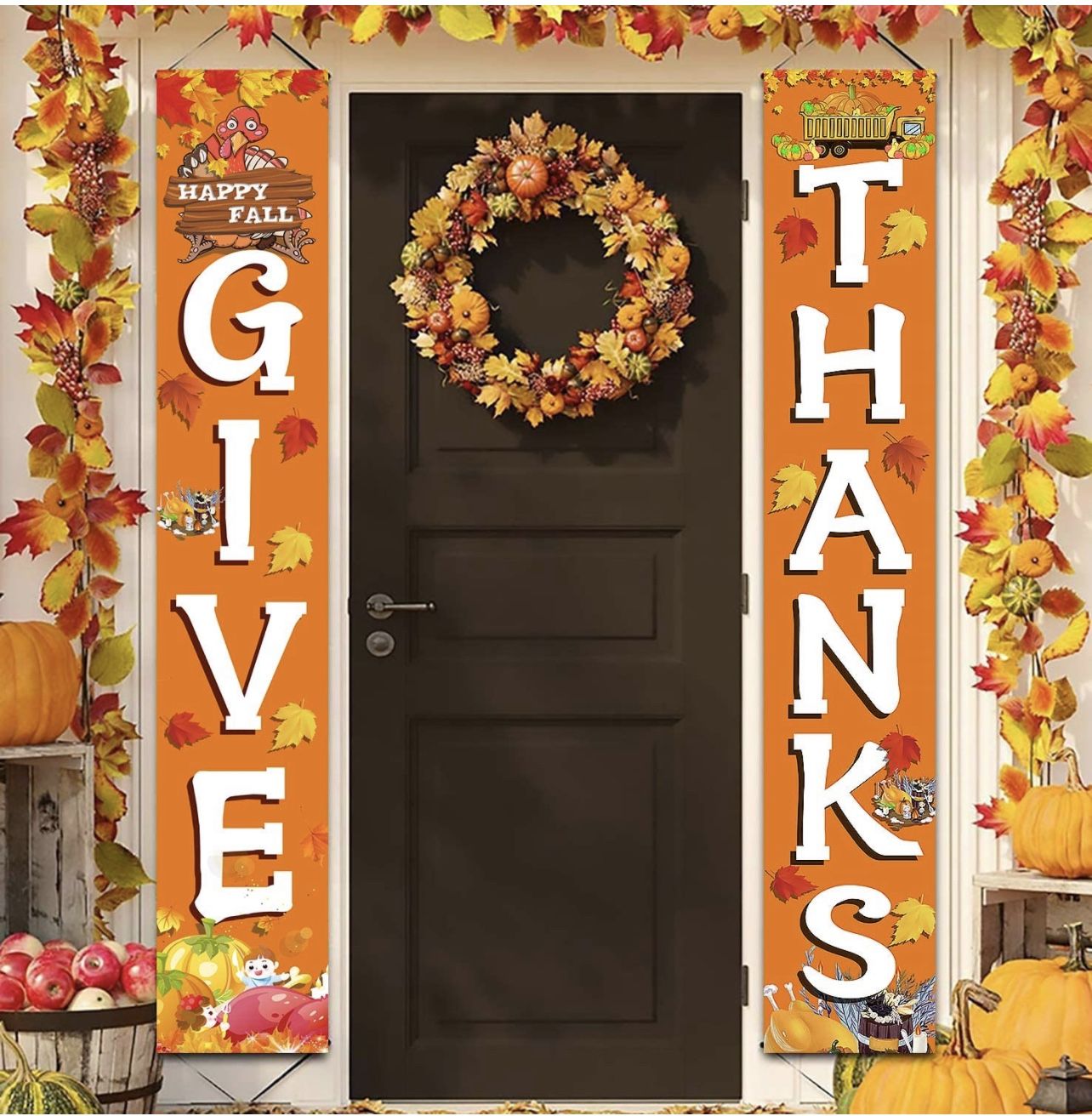 GIVE Thanks Hanging Banner Porch Sign Autumn Pumpkin Maple Leaf Backdrop Flag Fall Harvest Welcome B