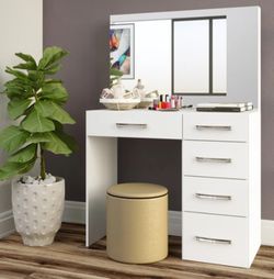 Wide Mirror Vanity Table Dresser with Wide Center Drawer and side Drawers