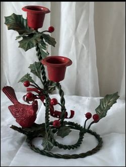 Vintage Painted Metal Cardinal Candle Holder