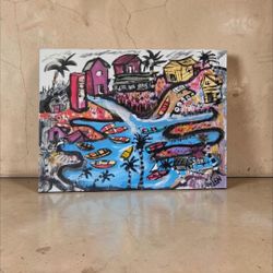 Canvas Colorful Tropical Village Original Painting – Vibrant Coastal Folk Art Scene