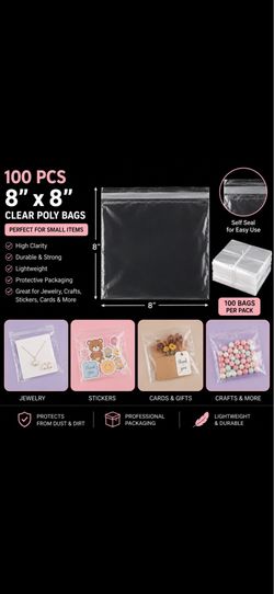 100 Clear Poly Bags 8x8” Self Seal – Packaging Bags