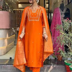 GoSriKi Women's Straight Embroidered Rayon Blend Kurta with Pants and Dupatta-BRWH-B0DK9PNQPW