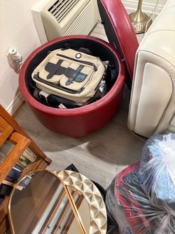 Red Faux Leather Round Storage Ottoman