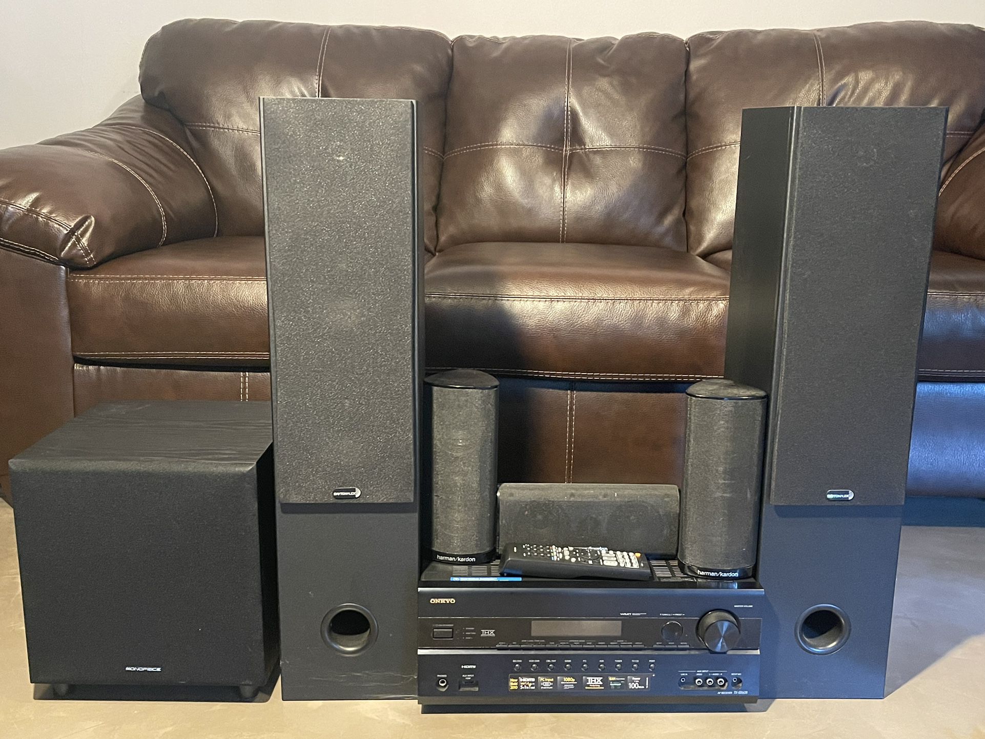 home theater 5.1 system:  Onkyo receiver With 5 Speakers + 1 Woofer