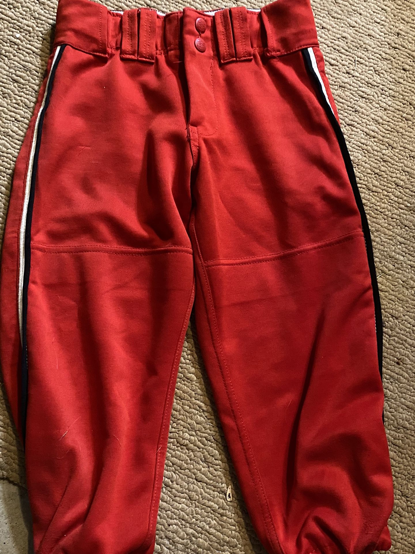 Red Softball Pants With White And Black Piping