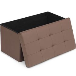 Brown 30" Storage Ottoman Bench Folding Bench with 90L Hidden Storage, Large End of Bed Bench PU Leather Foot Rest Stool Chest with Flipping Lid for L