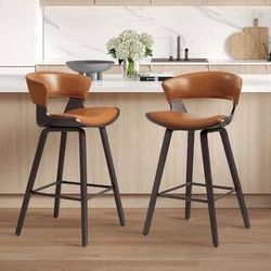 2 Pcs Set Of 26.97 in. Seat Height Brown Faux Leather Counter Stools with Metal/Wood Frame and Metal Footrest