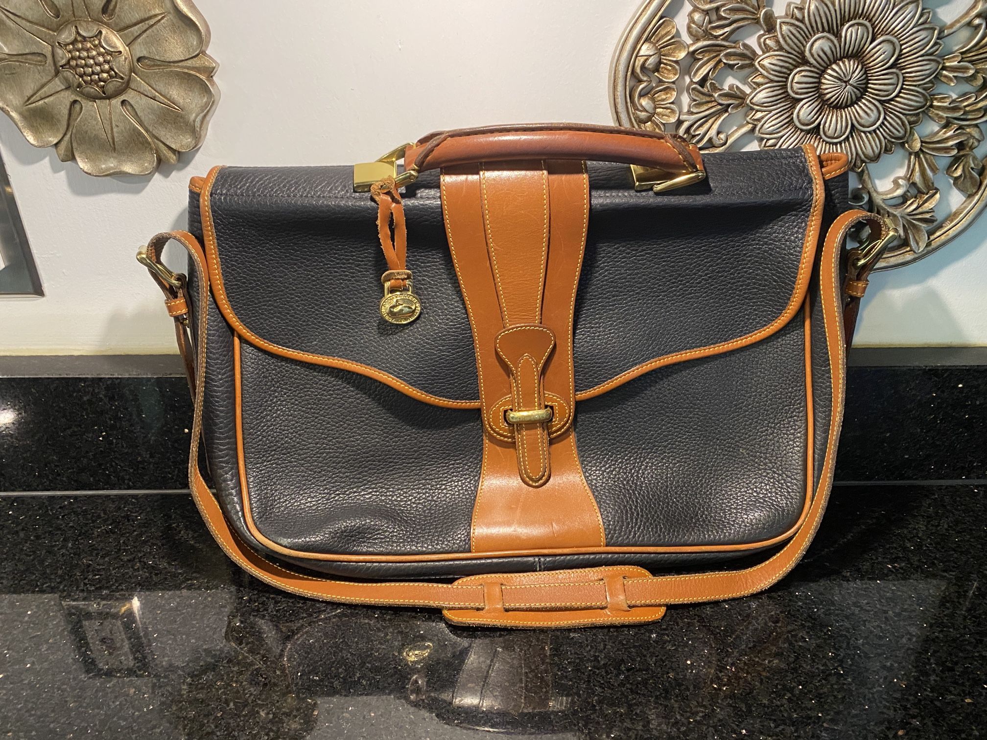 Dooney & Bourke Messenger Bag Navy Blue All Weather Leather 9”W 10”H 3”D