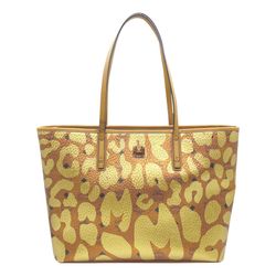 MCM ANYA METALLIC LEOPARD PRINT COATED CANVAS COGNAC BROWN LEATHER TOTE