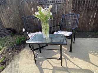 Outdoor Bistro Patio Aluminum Chairs And Table With New Cushions Perfect For Balcony 