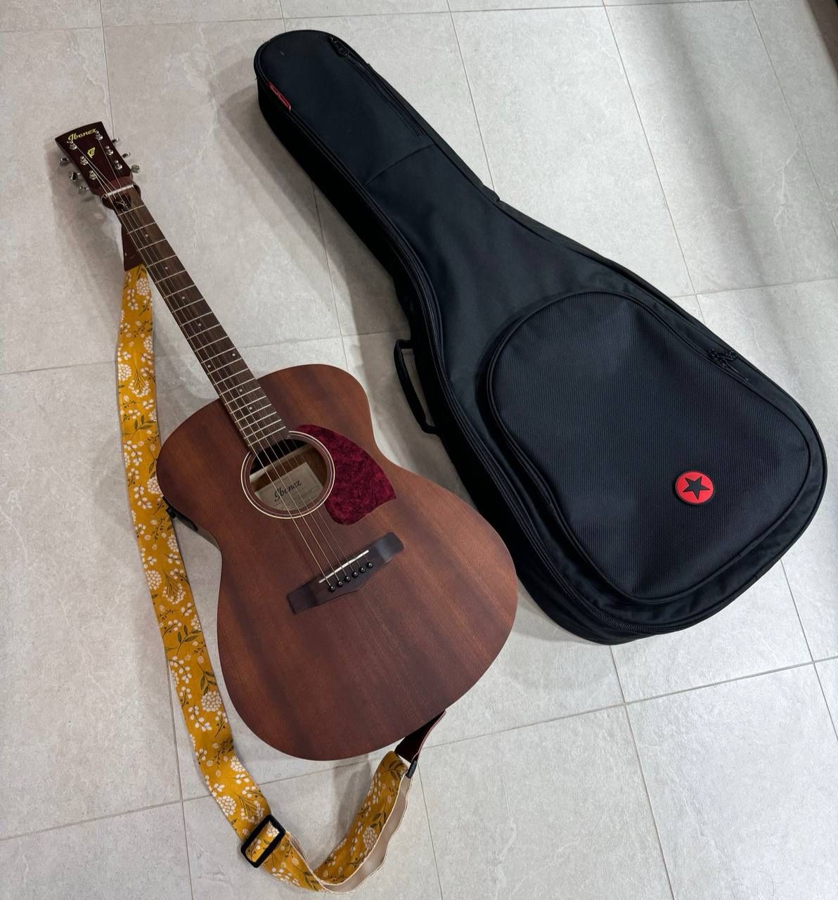 Ibanez PC12MHE-OPN 3U-08 Solid Top Acoustic Guitar Wood w/ soft case and flower strap MINT