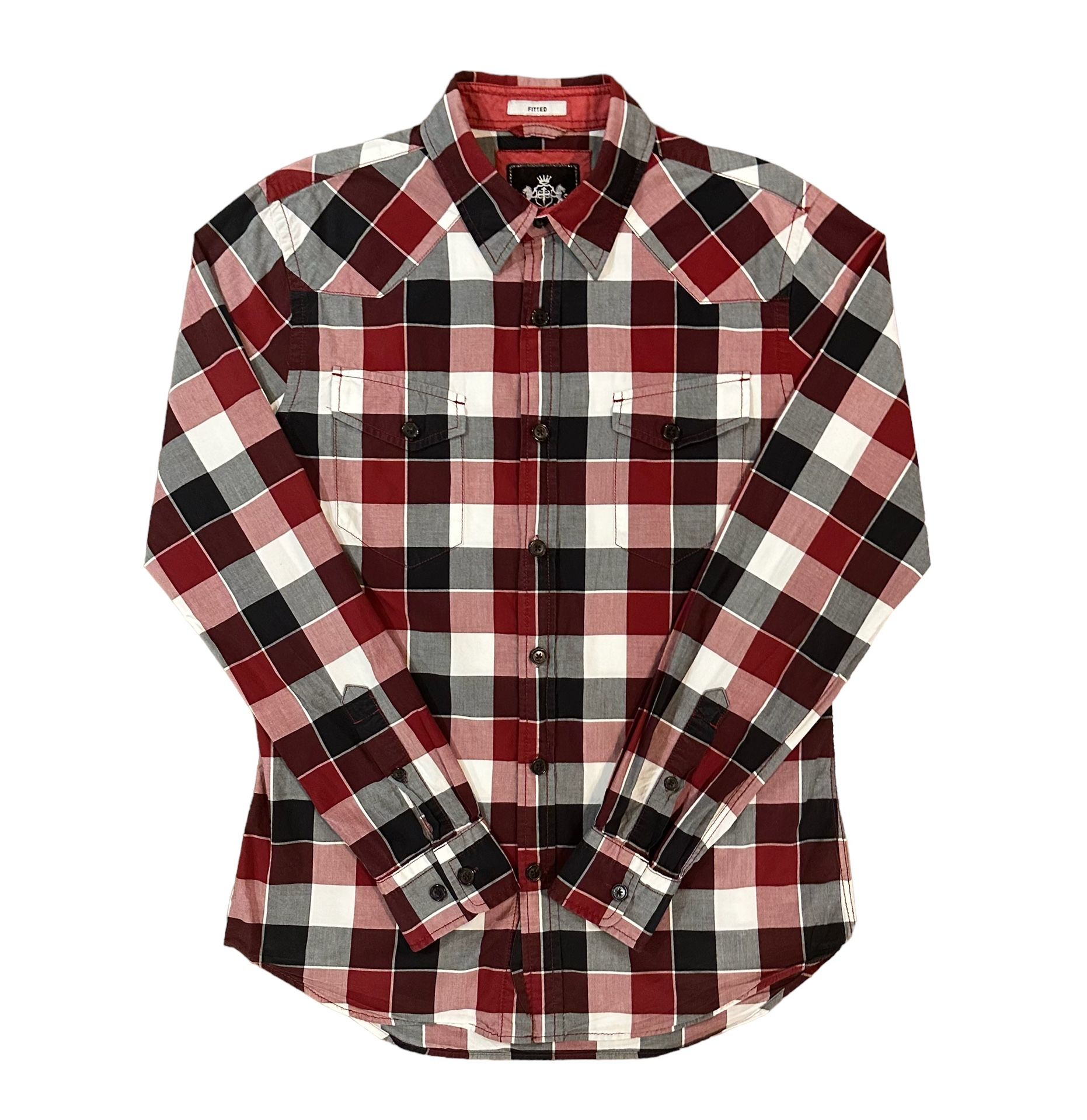 Express Men's Maroon/ White Plaid Button Up Fitted Shirt Size M Front Pockets