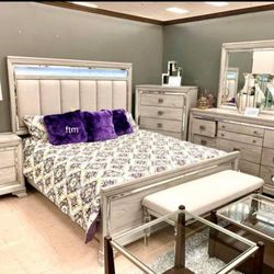 Vail Gray Led Upholstered Panel Bedroom Set/ Dresser,Mirror, NightStand, Bed, Chest// Mattress Sold Separately 