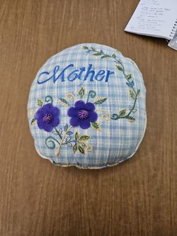 Round Blue Gingham Round Throw Pillow "Mother"