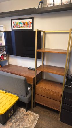 Wooden Brown Shelves and Table with Gold Trim