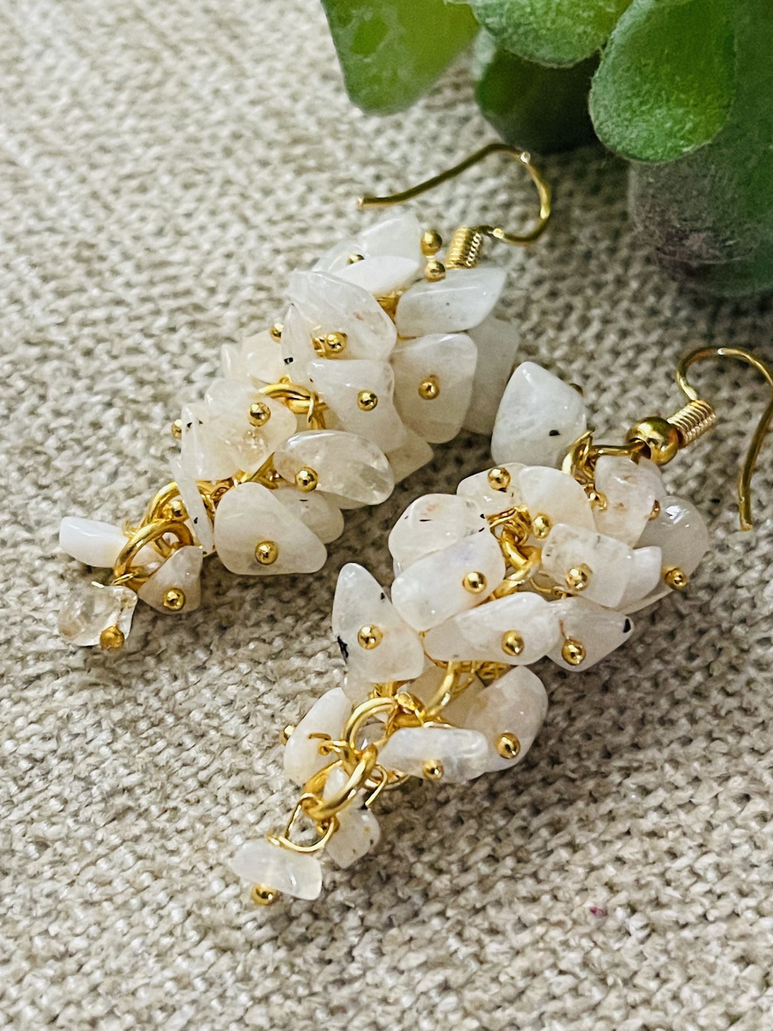 Moonstone Drop Dangle Grape Cluster Hook Earrings w/22k Gold Plated Finish