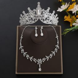 Elegant Crystal Necklace Earrings Tiara Crown Set For Women Wedding Bridal Prom