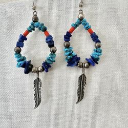 Sterling silver  turquoise  coral  lapis  feather earrings 