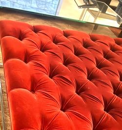 Modern Glass Coffee Table + Red Tufted Velvet Ottoman – Statement Piece