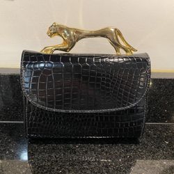 Crocodile-embossed Black Leather Clutch Handbag with Gold-tone Panther Handle 