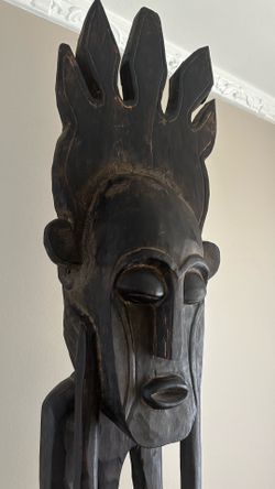 7.5-Foot-Tall Vintage Hand-Carved Wooden Mask Sculpture