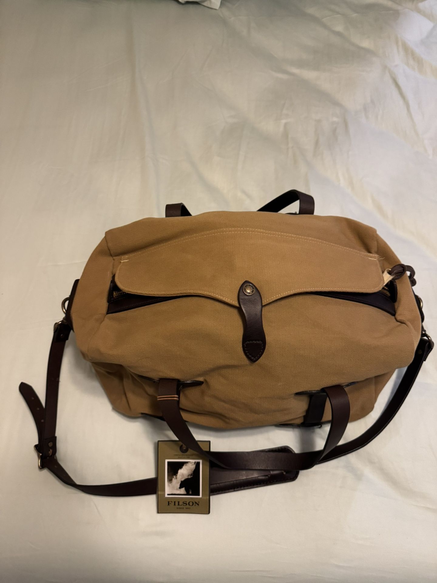 Filson Rugged Twill Medium Duffle Bag – Tan, Leather Trim, New w/ Tags