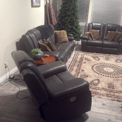 Three Piece Leather Sectional Couch and Recliner 
