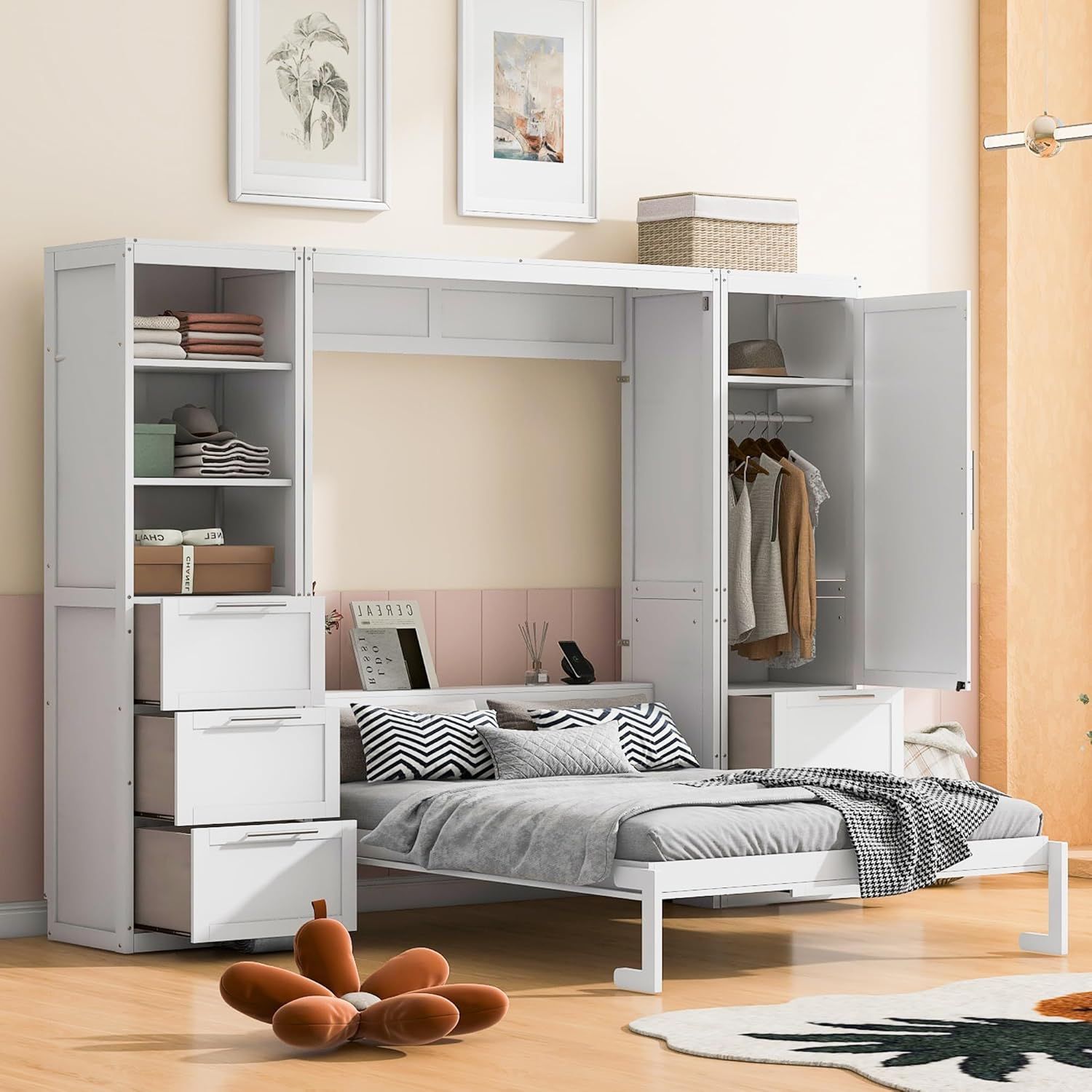 White Queen Sized Murphy Bed / Flip Up Design  / Open Shelves / Closet / Drawers [NEW IN BOX] **Retails for $1489 <Assembly Required> 