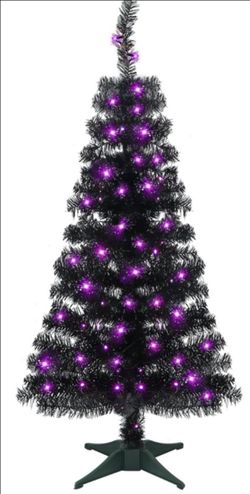 Lighted Artificial Halloween Black Christmas Tree, 4FT Black Tinsel Pine Tree with 70 LED Purple Lights
