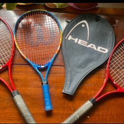 Set of 2 Wilson Tennis Rackets & 1 Handball Racket w/Head Cover