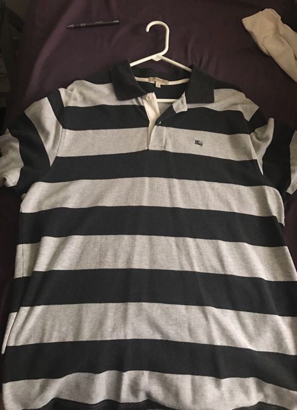 Burberry Men's polo size Large. Light grey and Dark grey stripes.