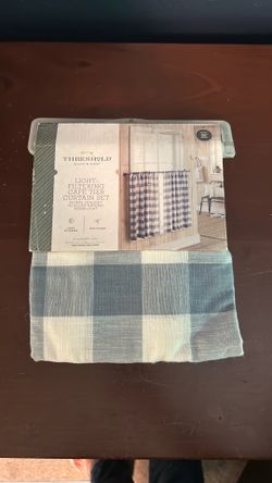 Threshold Light-Filtering Café Tier Curtain Set – Blue Check Pattern (42" x 36")