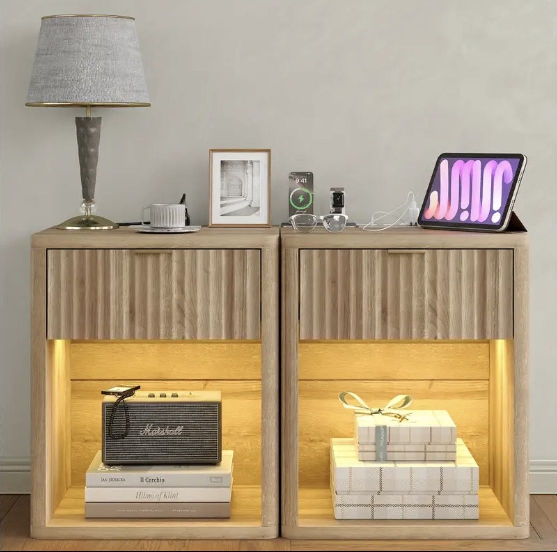 Night Stand Set 2, Nightstands with Charging Station & LED Light, Fluted Bedside Table with Drawer Storage, Large Modern Wood Bed Side Table, End Tabl