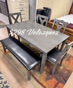 ✅️✅️6 pc laurel  gray finish wood dining table set padded seat chairs and bench✅️✅️✅️