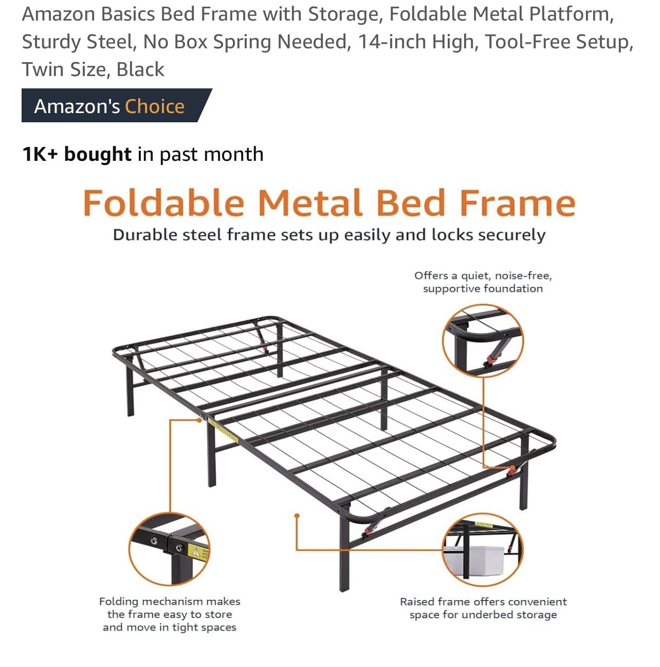 $25 Twin Foldable Metal Bed Frame, 14 Inches Under Storage Space, Never Used From Amazon