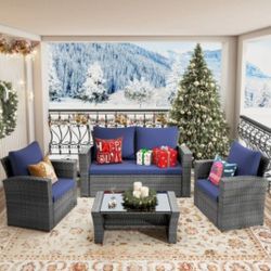 4pcs Outdoor Patio Furniture Set, Outdoor Sectional Sofa With Tempered Glass Coffee Table And Cushions