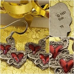 1997 Sisk Pewter Double Heart, Beautiful vintage piece of Earrings, red and silver. #904
