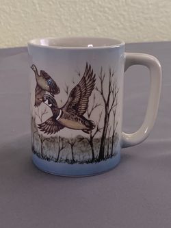 Vintage Otagiri Japan Wood Ducks In Flight Embossed Ceramic Coffee Mug MINT
