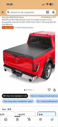 MOSTPLUS 8FT Roll-Up Soft Vinyl Truck Bed Tonneau  Cover