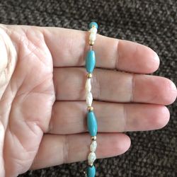 Vintage 14k Gold, Fresh Water Pearls, and Turquoise Beaded Bracelet 7 Inch