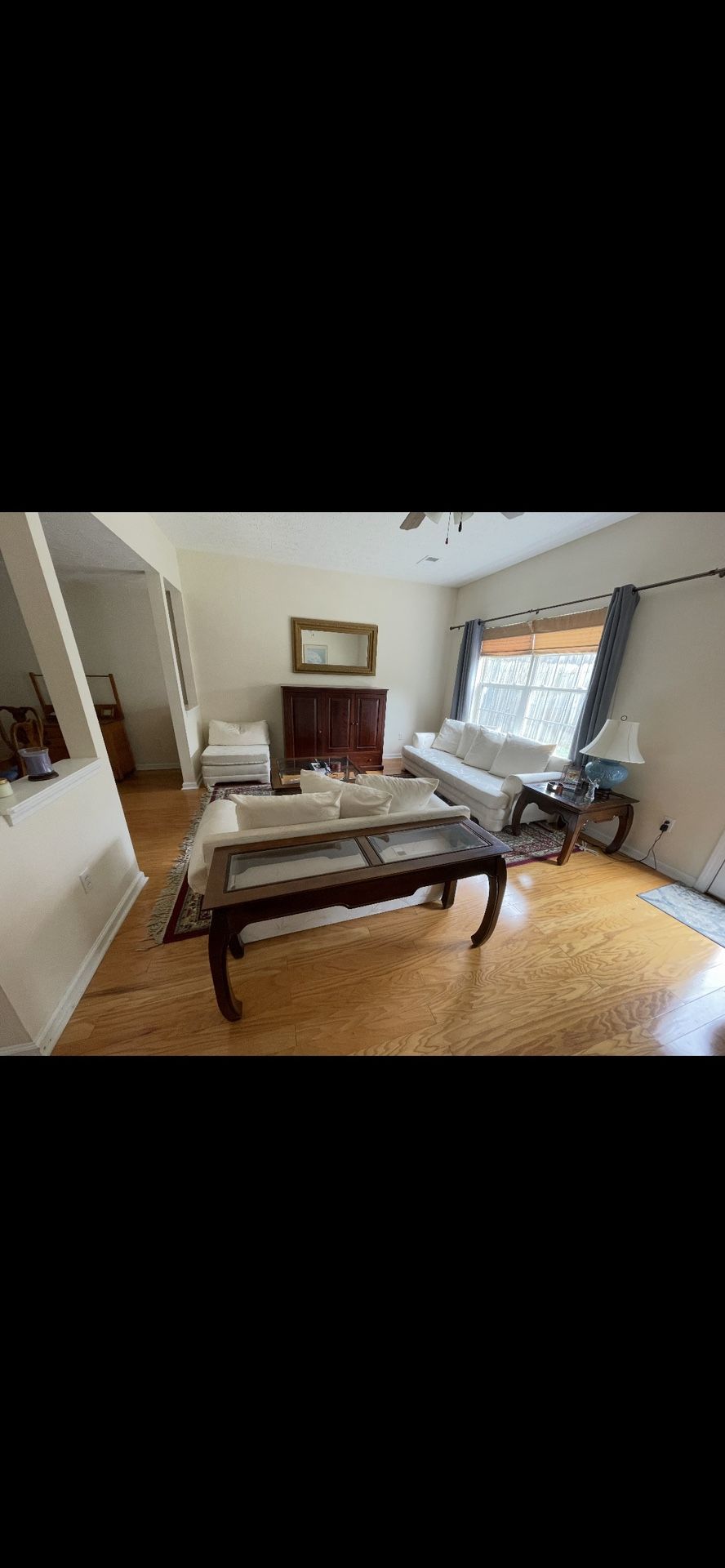 Wood and glass matching coffee table, sofa table and side table.
