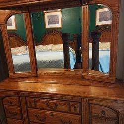  Oak Tri-Mirrored Dresser and Chest