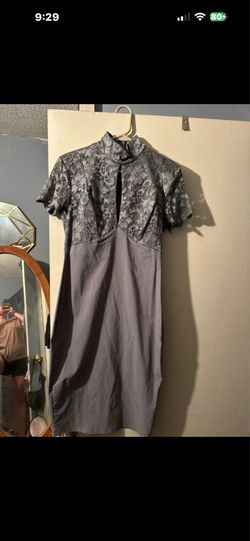 Amy Childs Gray Floral Lace High Neck Short Sleeve Pencil Knee Dress Size 14