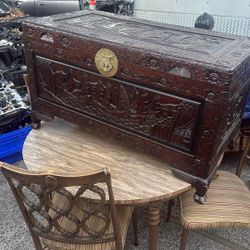 Carved Wood Storage Chest Trunk Brown Hinged Lid Brass Hardware 40x20x23