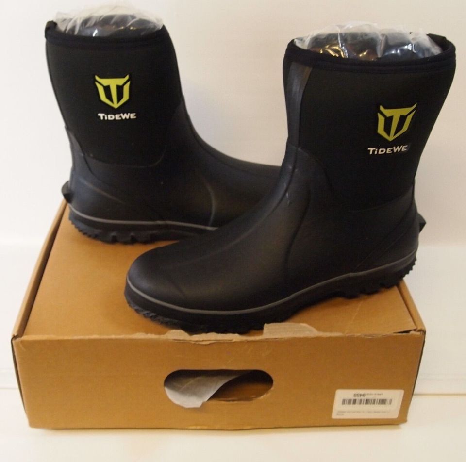 TIDEWE Men's Black Rubber Neoprene Mid Calf Waterproof Rain Boots Size US 7