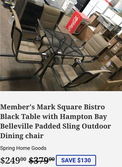 Member's Mark Square Bistro Black Table with Hampton Bay Belleville Padded Sling Outdoor Dining chair